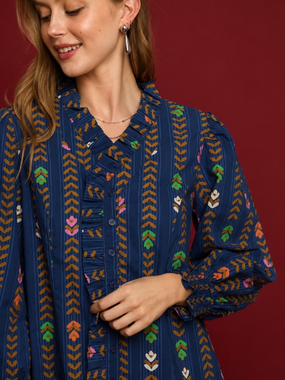 Umgee Midnight Mix Printed Blouse Ruffle V-Neck Boho Top NWT - Picture 5 of 9